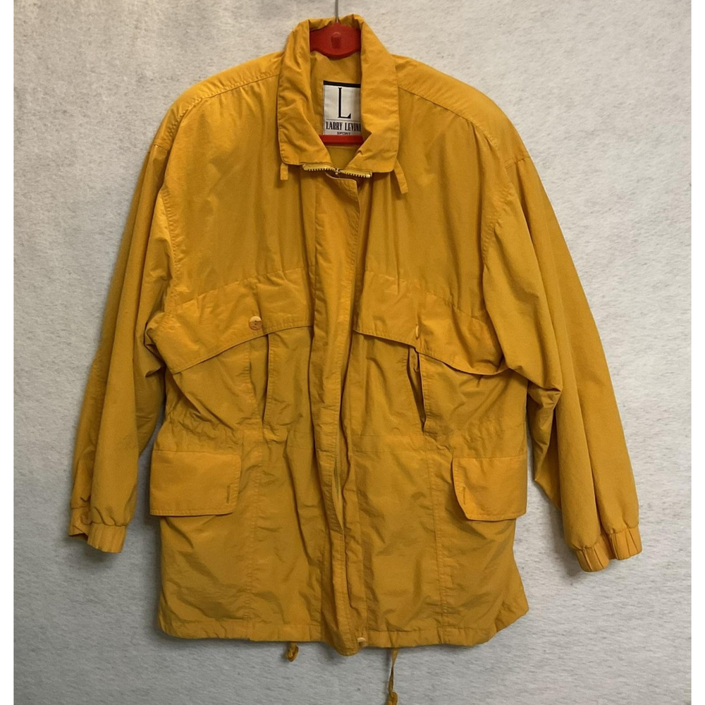 Larry Levine Jacket Womens Medium Yellow‎ Twill Parka Zip Pockets Drawstring
